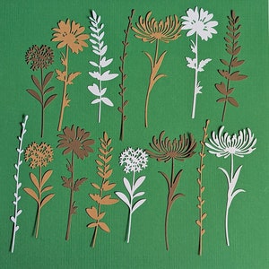 Tim Holtz &quot;Wildflower Stems #1&quot; Die Cuts - Brown, Kraft, and White Cardstock - Set of 15 Flowers - Card Making, Junk Journals, Crafts