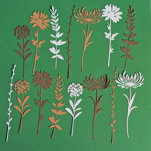 Tim Holtz "Wildflower Stems #1" Die Cuts - Brown, Kraft, and White Cardstock - Set of 15 Flowers - Card Making, Junk Journals, Crafts
