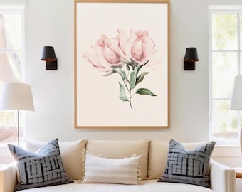 Arte de pared imprimible de acuarela de rosa rosa / Impresión floral botánica / Obra de arte floral minimalista / Descarga digital para decoración del hogar