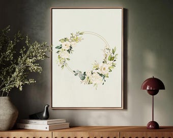 Floral Wreath Wall Art Printable Watercolor Flower Circle Print Botanical Minimalist Home Decor Digital Download Wedding Floral Artwork