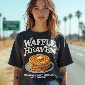 Waffle Heaven T-Shirt – 80s 90s Retro Diner Tee, Funny Breakfast Waffle Shirt, Unisex Foodie Graphic T-Shirt