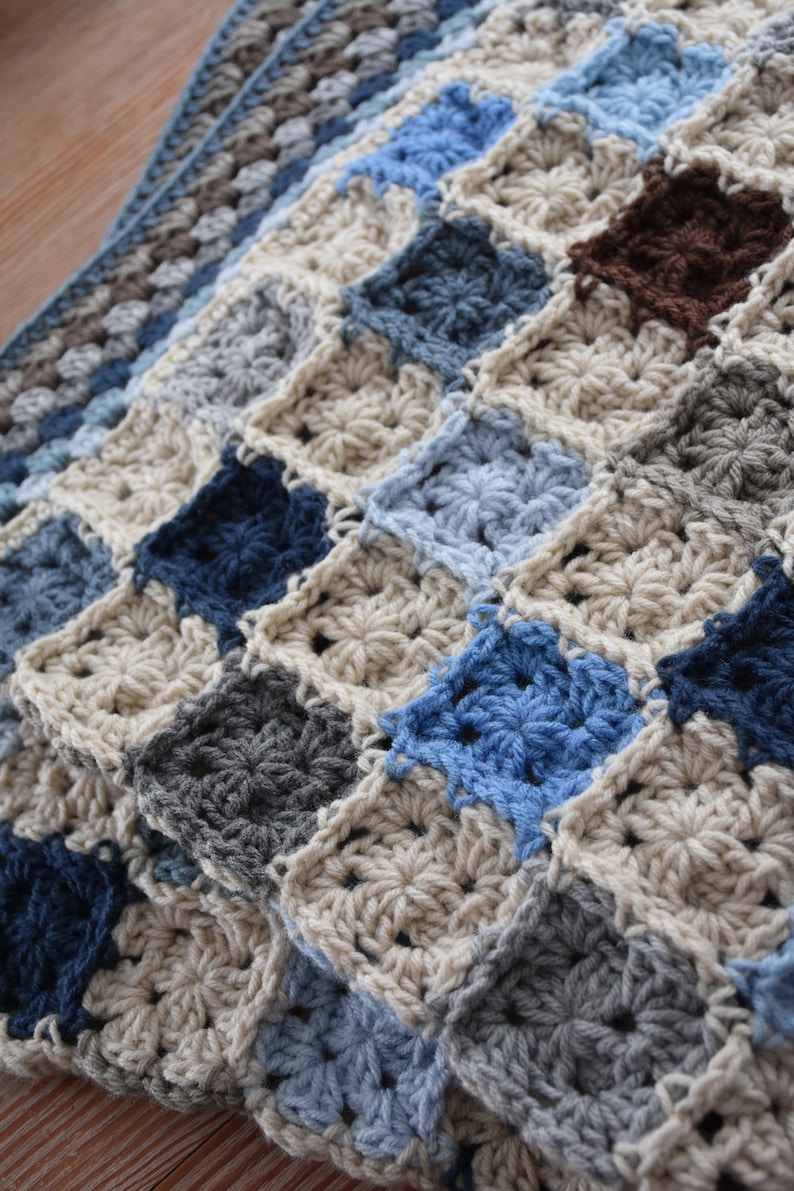Blues Grays /& Browns Postage Stamp Baby Patchwork Blanket Crochet Toddler Afghan Baby Shower Gift