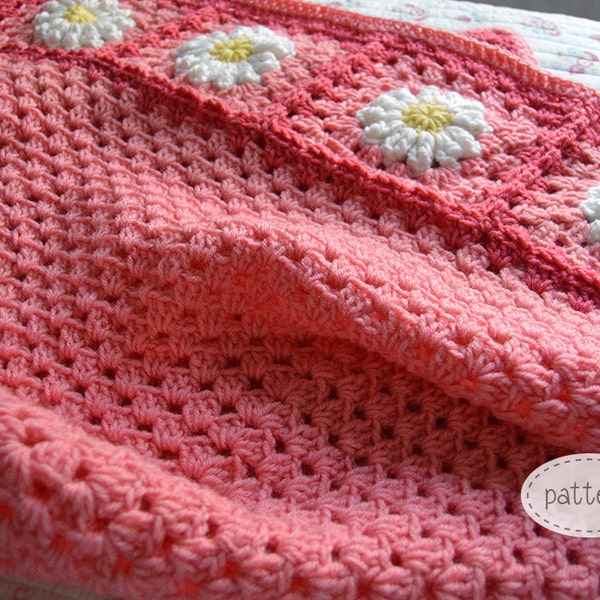 PATTERN - Daisies on the Edge - Bubblegum Pink Daisy Flower Patchwork Granny Square Afghan Blanket Pattern