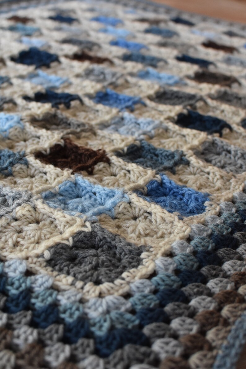 Blues Grays /& Browns Postage Stamp Baby Patchwork Blanket Crochet Toddler Afghan Baby Shower Gift