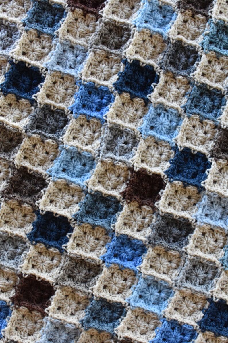 Blues Grays /& Browns Postage Stamp Baby Patchwork Blanket Crochet Toddler Afghan Baby Shower Gift