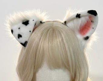 Handmade White Black Spotted Dalmatian Dog Ears Headband, Realistic Canine Cosplay Ears, Furry Floppy Dog Ears, Cartoon Game Cosplay Costume
