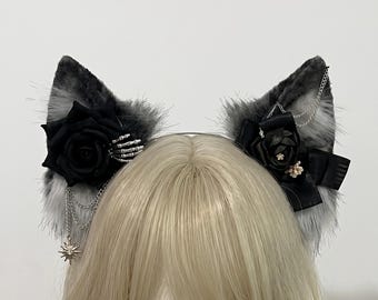 Handmade Gothic Black Rose Cat Ears Headband, Elegant Dark Feline Cosplay Ears, Noir Kitten Kemonomimi Headpiece with Floral Accents,