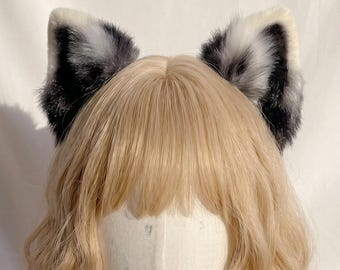 Handmade Realistic Raccoon Ears Headband, Fluffy Grey & Black Procyonid Cosplay Ears, Faux Fur Trash Bandit Kemonomimi Therian Gear Cartoon
