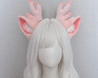 Handmade Cute Pink Deer Ears and Antlers Headband, Soft Fabric Fawn Horns Headpiece, Cosplay Hair Hoop for Festival Cartoon Game Costume