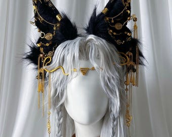 Cerchietto con orecchie di sciacallo Anubi fatte a mano (personalizzabile); orecchie realistiche da divinità egizia antica per cosplay, orecchie da cane alte in pelliccia sintetica stile cartone animato Kemonomimi