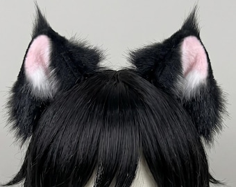 手作りのリアルな黒猫耳カチューシャ、スタイリッシュなノワール猫コスプレ耳、フェイクファーの子猫ケモノミミ獣人ギア、漫画ゲームコスチューム