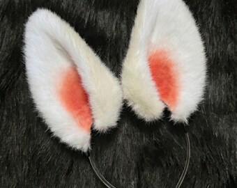 Diadema de orejas de conejo erguidas y lindas hechas a mano, orejas de conejo realistas y esponjosas para cosplay, orejas de conejo de piel sintética de pie estilo Kemonomimi Cartoon Therian Gear