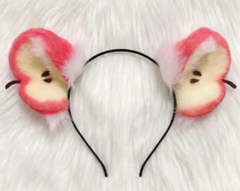 Handmade Apple Mouse Ears Headband, Cute Rounded Rodent Cosplay Ears, Faux Fur Strawberry Red & Green Mouse Kemonomimi Aesthetic Gear