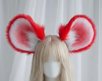 Huge 20cm/8" Mouse Ears (Custom Inner & Outer Colors and Size), Handmade Faux Fur Giant Rounded Rodent Ears Headband, Anime Furry Cosplay