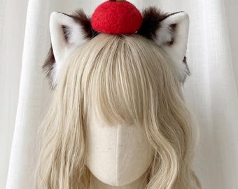 Ręcznie robiona opaska z uszami czerwonej pandy w stylu „Apple Edition”, uszy cosplay czerwonej pandy w stylu kawaii z motywem owocowym, puszyste jabłkowo-czerwone Ailuridae Kemonomimi