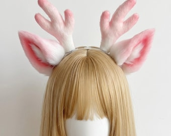 Handmade Cute Pink Gradient Deer Ears & Antlers Headband, Custom Faux Fur Ears, Soft Fabric Antlers, Cosplay Cartoon Game Festival Costume