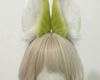 Green Apple Bunny Ears Headband (Custom 40 colors available), Standing Faux Fur Rabbit Ears, Handmade Kawaii Anime Cosplay Lolita Kemonomimi