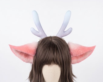 Handmade Flocked Gradient Deer Ears & Antlers Headband, 3 Ear Shapes, 50 Custom Colors Fawn Velvet Costume Horns, Cosplay Cartoon Headpiece