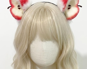 Handmade Apple Mouse Ears Headband, Cute Rounded Rodent Cosplay Ears, Faux Fur Strawberry Red & Green Mouse Kemonomimi Aesthetic Gear