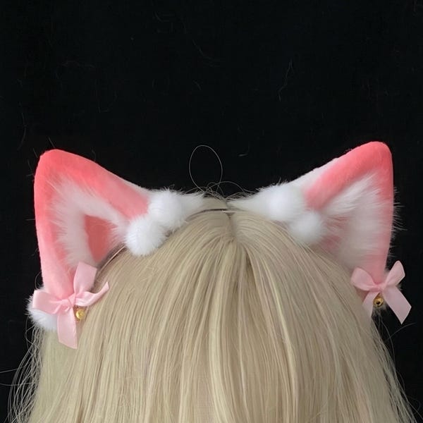 Diadema hecha a mano con orejas de fresa rosa, orejas de cosplay de felino en tonos pastel, accesorios para el cabello Kawaii Kemonomimi de piel sintética color rosa baya para mujeres.
