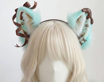 Handgemachtes Mint Schokolade Drip Katzenohren Stirnband, süße flauschige Mint Choc Chip Kätzchen Ohren, Dessert Cosplay, Anime Neko Cartoon Spiel Kostüm