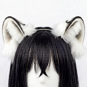 Oreja de leopardo de las nieves hecha a mano, cosplay felino realista con manchas grises y blancas, equipo de piel sintética de leopardo de las nieves Kemonomimi Therian, juego de dibujos animados