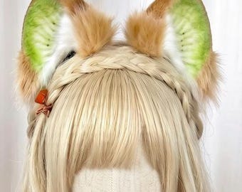 Diadema de orejas de gato "Kiwifruit" hecha a mano; orejas de cosplay felinas con temática de frutas Kawaii, gatita Kemonomimi verde y marrón peluda; disfraz de juego de dibujos animados