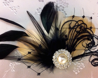 Champagne Wedding Hair Clip, Wedding Fascinator, Wedding Hair, Bridal Fascinator, Feather Hair Clip, Bridal Comb, Champagne and Black