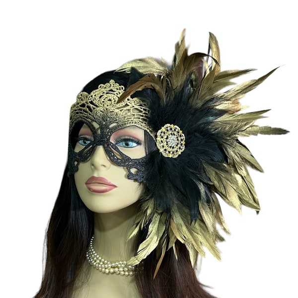 Gold Masquerade Mask Costume Party Feather Lace Frans Mask  Iridescent Masquerade Mask Gems Stone Party Mask Ladies Mardi Gras Halloween