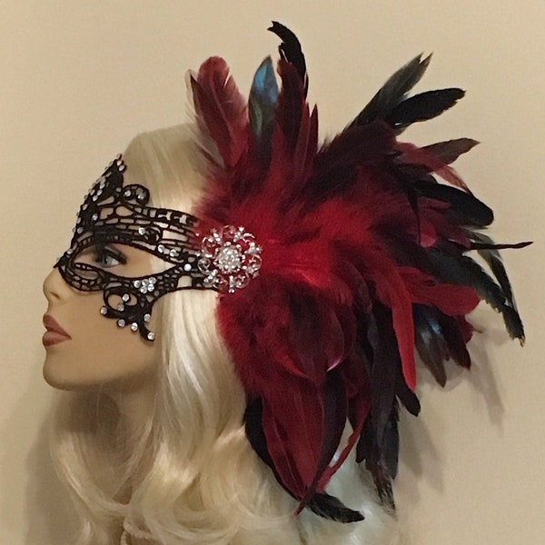 Red Black Lace Masquerade Mask with Feathers Crystals, Women's Mask, Masked Ball, Masquerade Masks, Bridal Wedding Mask, Halloween Costume