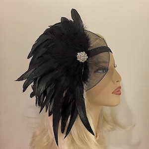 Great Gatsby Headband Flapper Headpiece 1920s Headband Jazz Age Roaring 20s Gatsby Headpiece Black Feather Headband