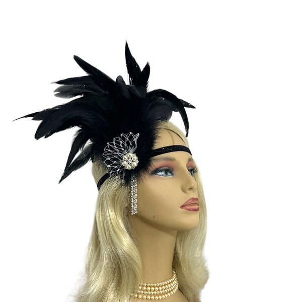 Great Gatsby Headband Flapper Headband Headpiece 1920s Headband 1920s Flapper Roaring 20s Headband Black Silver Pearl