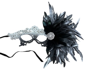 Silver Feather Lace Mask Womens Party Masquerade Mask Masked Ball Halloween Mardi Gras Party Fancy Mask Gold Lace Black Silver Ombre