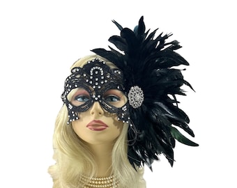 Black Lace Masquerade Mask With Black Feathers, Mardi Gras, Masked Ball,Women's Rhinestone Mask,Wedding Masquerade Masks,Bridal Wedding Mask