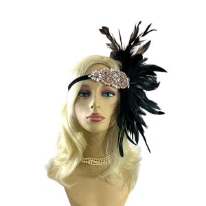 Rose Gold Rhinestone Pearls Headband Headpiece With Feathers Great Gatsby Headband Wedding 1920s Bridal Rhinestone Flapper Party Costume