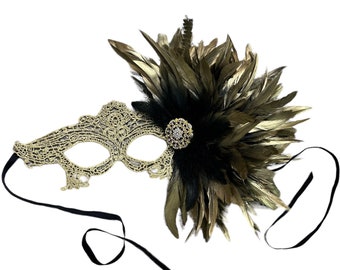 Gold Feather Lace Mask Masquerade Mask Masked Ball Halloween Mardi Gras Party Fancy Mask Gold Lace Black