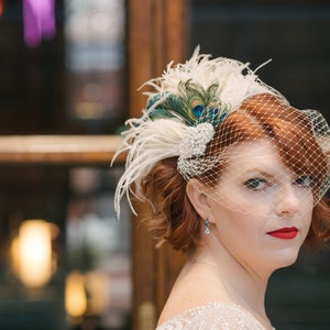 Peacock Hair Clip ,Feather Fascinator, Bridal Accessory, Wedding Veil, Old Hollywood, Ivory, Champagne and Natural Peacock