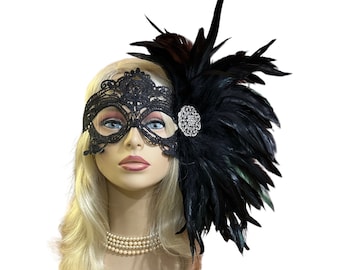 Black Lace Masquerade Mask With Black Feathers, Masked Ball, Women's Lace Mask, Wedding Masquerade Masks, Bridal Wedding Mask, Mardi Gras