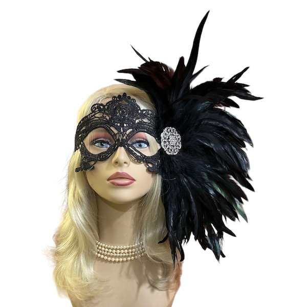 Black Lace Masquerade Mask With Black Feathers, Masked Ball, Women's Lace Mask, Wedding Masquerade Masks, Bridal Wedding Mask, Mardi Gras