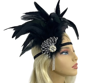 Great Gatsby Headband Flapper Headband Headpiece 1920s Headband 1920s Flapper Roaring 20s Headband Black Silver Pearls