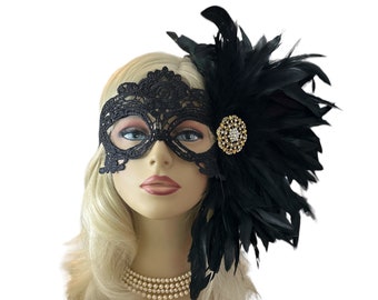 Black Lace Masquerade Mask With  Natural Feathers Gold Brooch, Masked Ball, Women's Lace Mask, Wedding Masquerade Masks, Bridal Wedding Mask