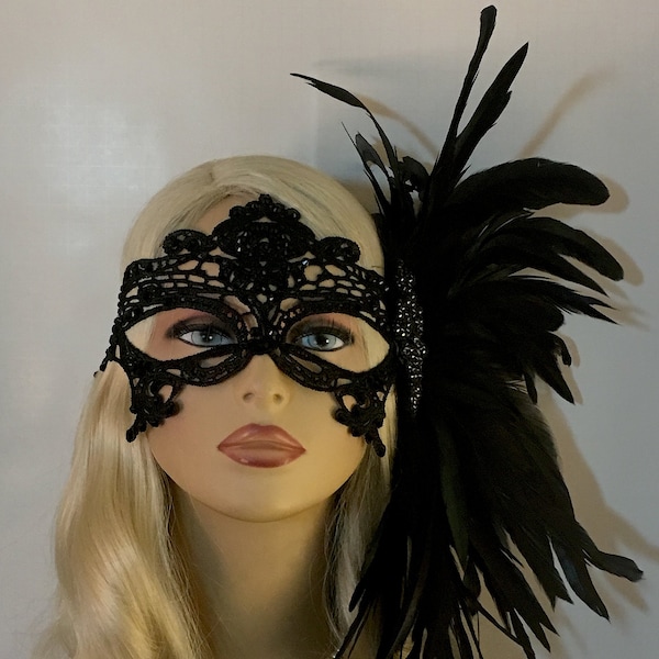 Black Lace Masquerade Mask With Black Feathers, Black Rhinestone Mask, Masked Ball, Women's Lace Mask,Wedding Bridal Wedding Mask,Mardi Gras