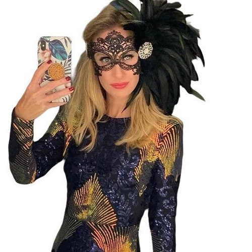 Black Lace Masquerade Mask With Black Feathers Masked Ball Etsy