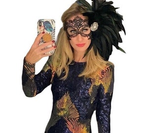 Masquerade Mask, The Gatsby Costume, Mask, Masks, Great Gatsby Dress, Black Masquerade Mask, Feathers Brooch, Headdress, Fascinator, Lace