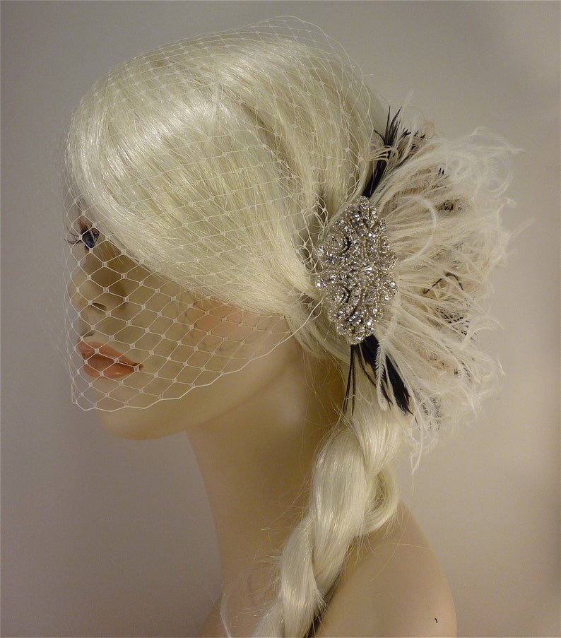 Hollywood Glitz 2- Bridal Fascinator Feather Fascinator Bridal Veil Ivory and Black Wedding Veil Rhinestone Hair clip
