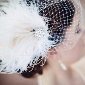 Fascinator, Wedding Headpiece, Bridal Fascinator, Ivory Fascinator, Bridal Headpiece, Bridal Hair Clip, Bridal Veil, Bandeau Veil image 1