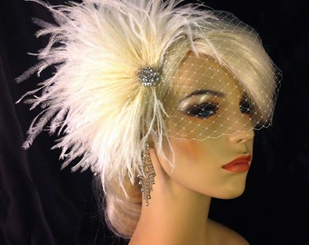 Bridal Feather Hair Clip, Bridal Fascinator, Bridal Headpiece, Gatsby Wedding, Bridal Veil