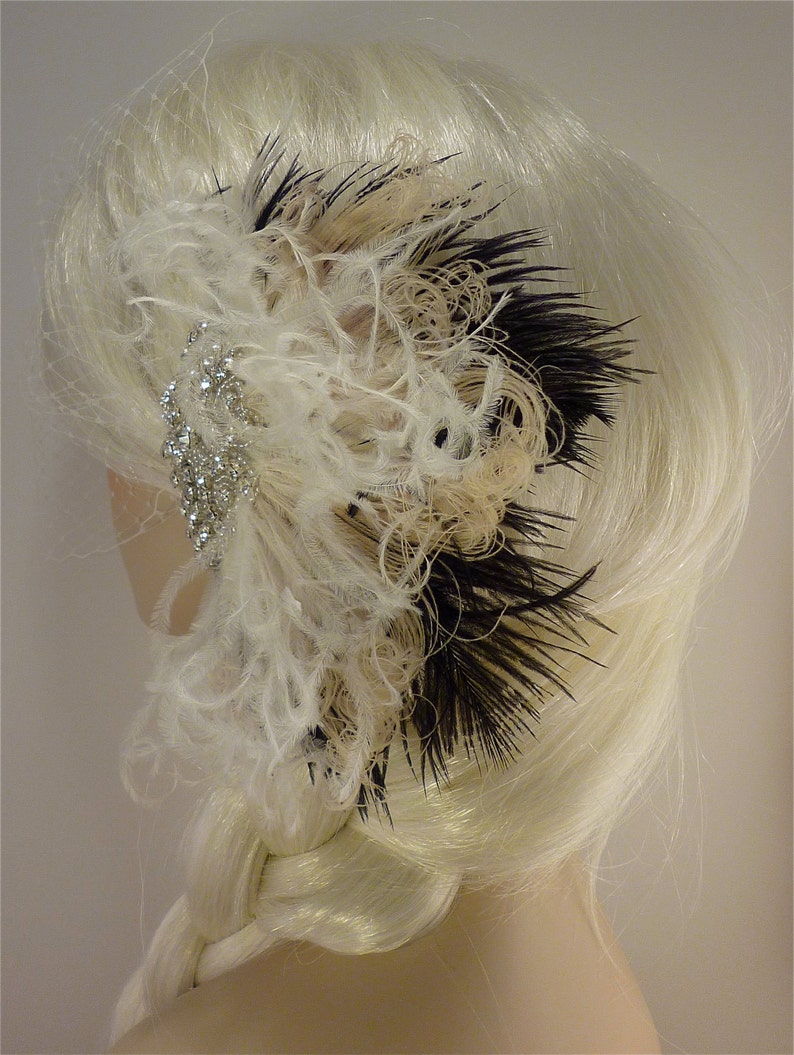 Hollywood Glitz 2- Bridal Fascinator Feather Fascinator Bridal Veil Ivory and Black Wedding Veil Rhinestone Hair clip