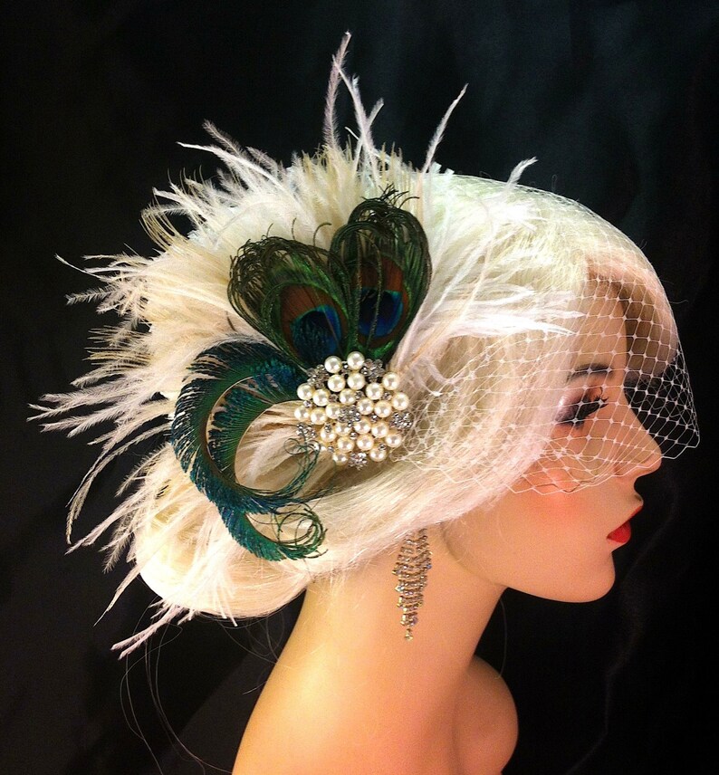 Fascinator Rhinestone Pearl Bridal Feather Fascinator Bridal Headpiece Wedding Veil Old Hollywood Ivory Champagne and Natural Peacock