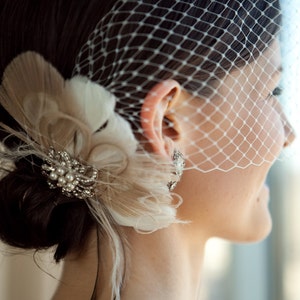 Birdcage Veil, Bridal Veil and Bridal Clip, Bandeau Birdcage Veil, Blusher, Bird Cage Veil, Ivory Feather Hair Clip, Speakeasy